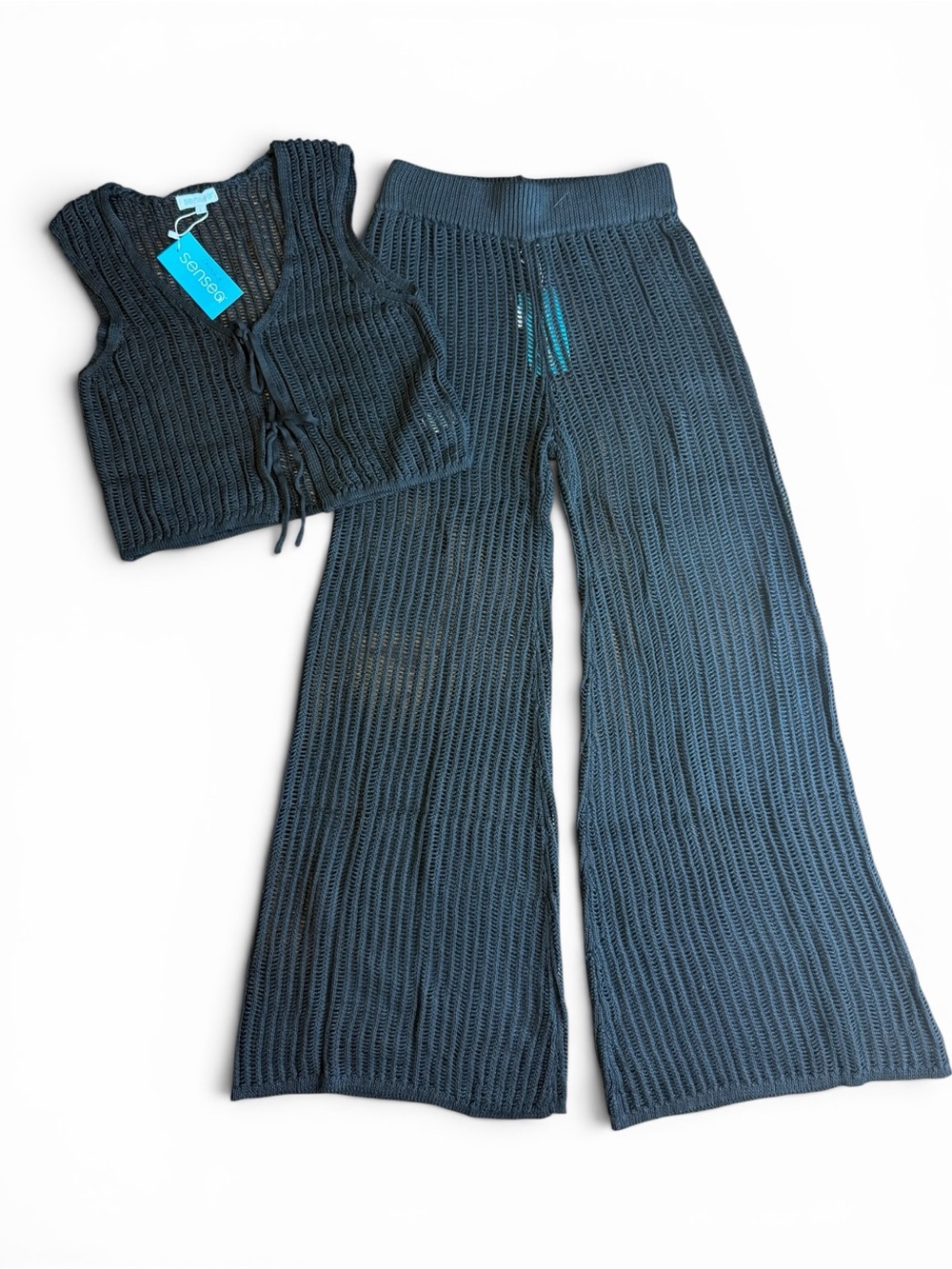 Sensea Open-Knit Black Wide Leg Pant and Tie Front Top Set Large NWT